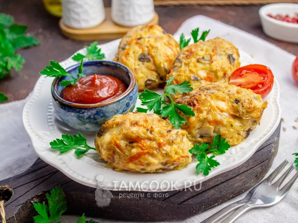 Фото блюда: Куриные котлеты с грибами и сыром в духовке