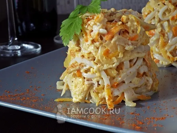 Фото блюда: Салат с кальмарами и блинами