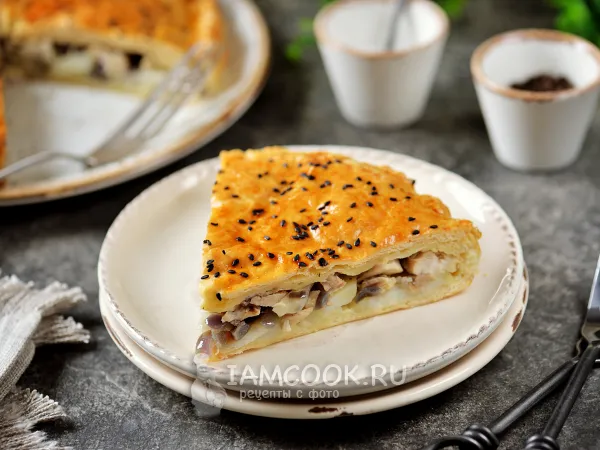 Фото блюда: Курник из слоеного теста с курицей и картошкой