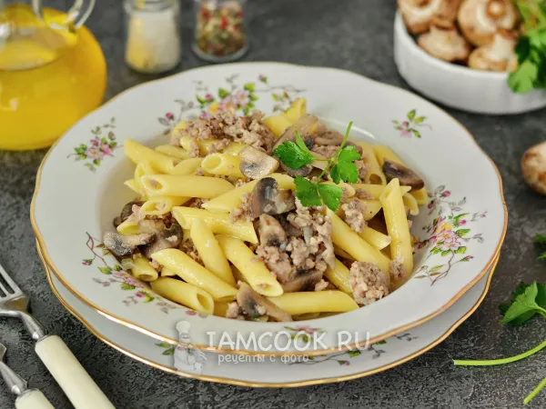 Фото блюда: Макароны по-флотски с грибами и фаршем