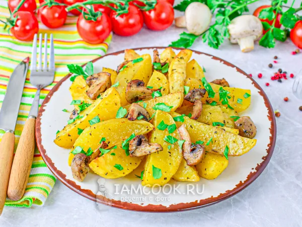 Фото блюда: Картошка с грибами по-деревенски в духовке