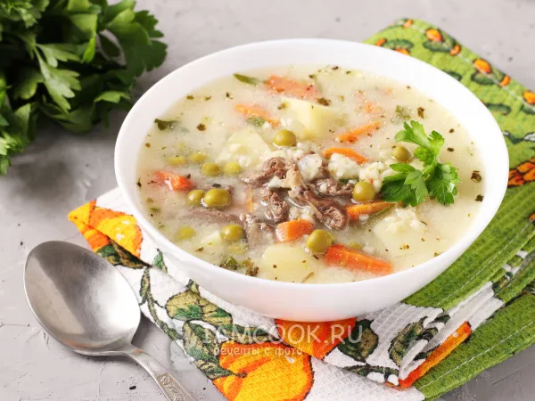 Фото блюда: Сырный суп с куриными сердечками