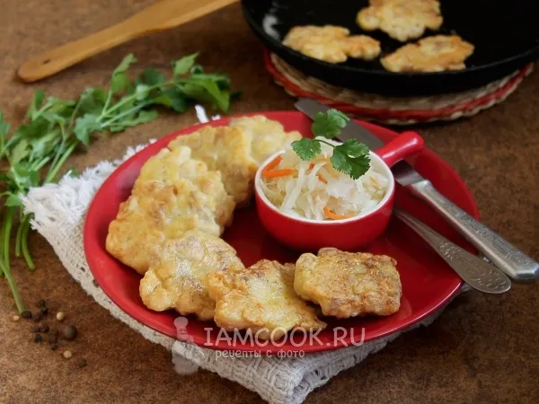 Фото блюда: Резаные оладьи из филе курицы с майонезом