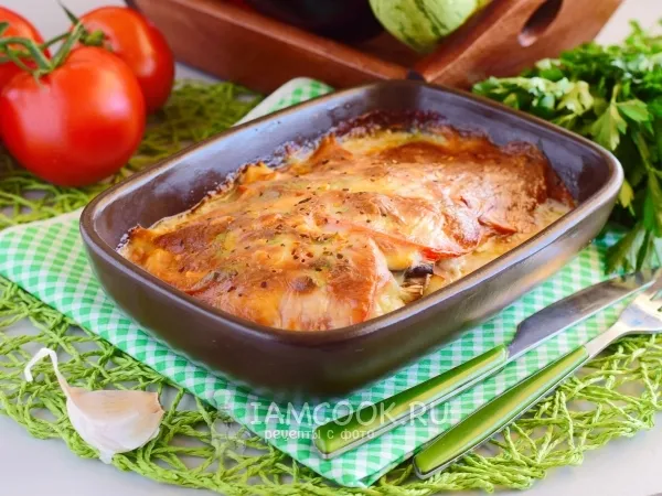 Фото блюда: Курица с баклажанами и помидорами в духовке