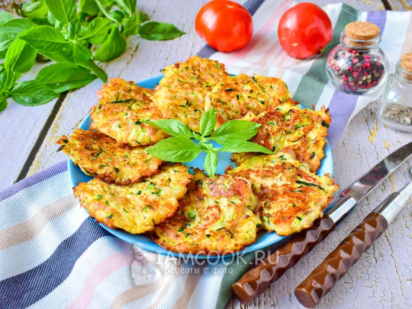 Фото блюда: Кабачковые оладьи с ветчиной и сыром