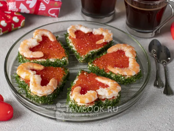 Фото блюда: Бутерброды с креветками и красной икрой