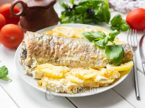 Фото блюда: Карп в духовке с картошкой со сметаной