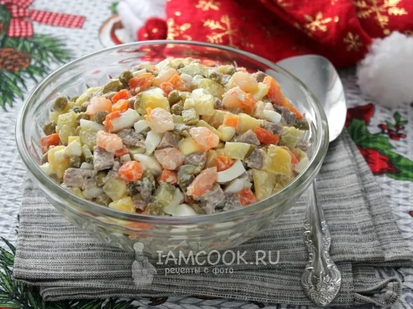 Фото блюда: «Оливье» с языком и креветками