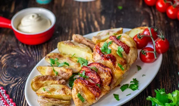 Фото блюда: Курица с сыром и помидорами в аэрогриле