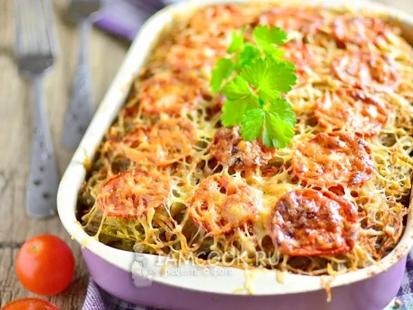 Фото блюда: Запеканка из тертого картофеля с фаршем в духовке