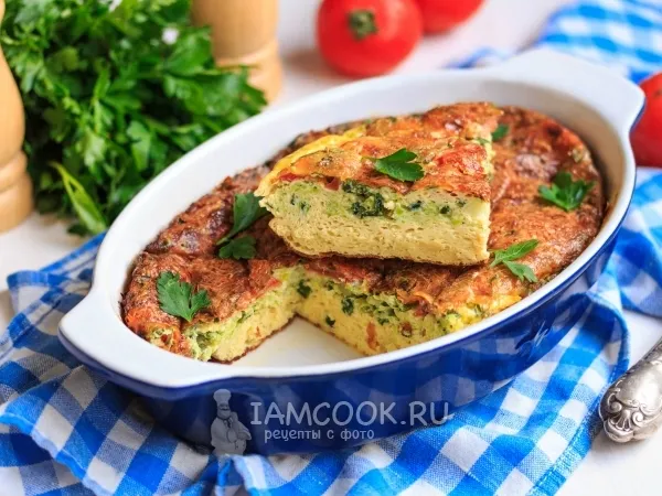 Фото блюда: Омлет с помидорами, кабачками и сыром в духовке