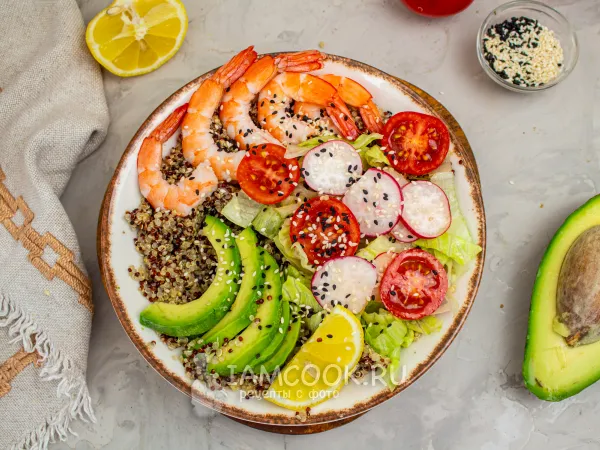 Фото блюда: Боул с киноа и креветками