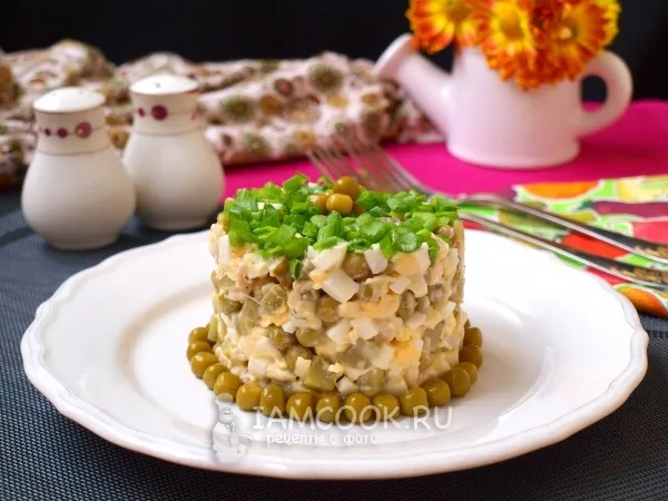 Фото блюда: Салат с курицей, горошком и огурцом
