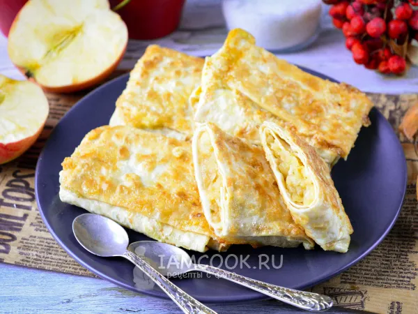 Фото блюда: Конвертики из лаваша с яблоками на сковороде