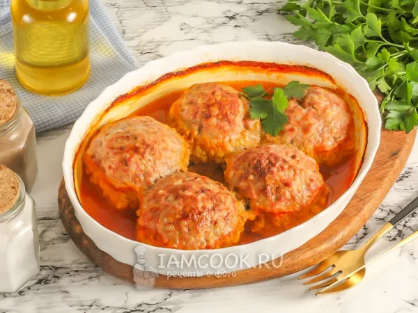 Фото блюда: Ежики из фарша в духовке с подливкой