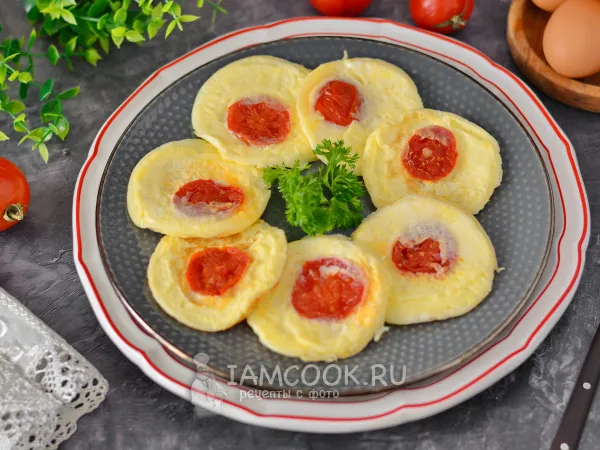 Фото блюда: Омлет с помидорами без молока на сковороде