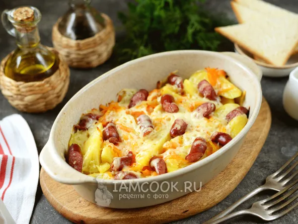 Фото блюда: Картошка с охотничьими колбасками в духовке