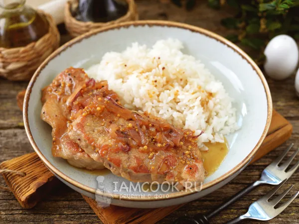 Фото блюда: Свинина в абрикосовом соусе на сковороде