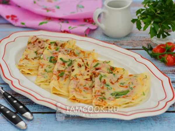 Фото блюда: Блины с колбасой, сыром и зеленью