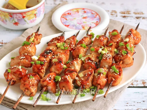 Фото блюда: Куриные шашлычки терияки на шпажках в духовке