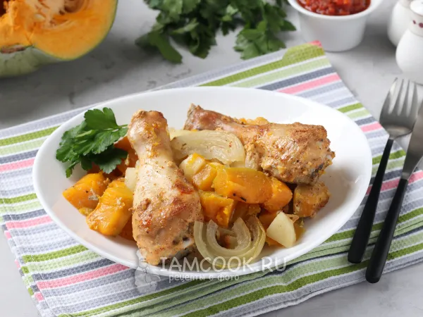 Фото блюда: Тыква с курицей и картошкой в духовке