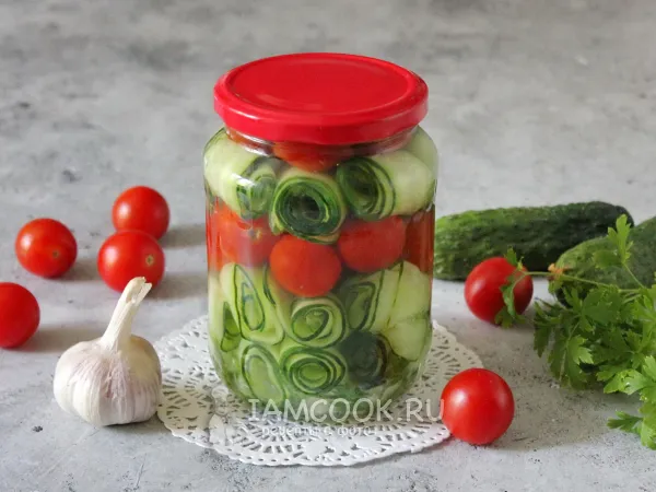 Фото блюда: Огурцы рулетиками на зиму с помидорами