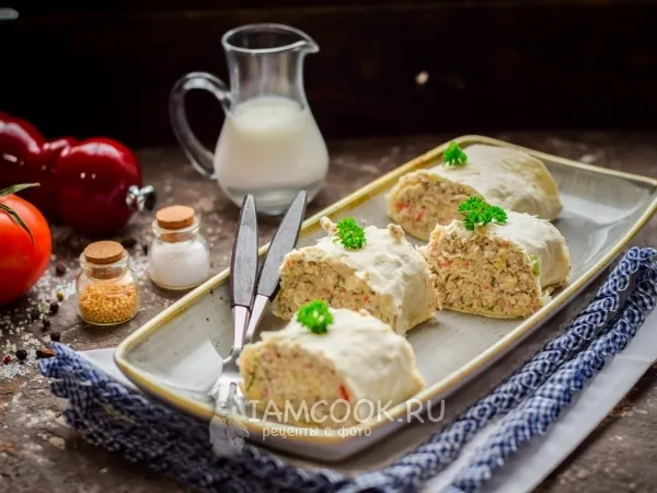 Фото блюда: Рулет из лаваша с крабовыми палочками и грибами