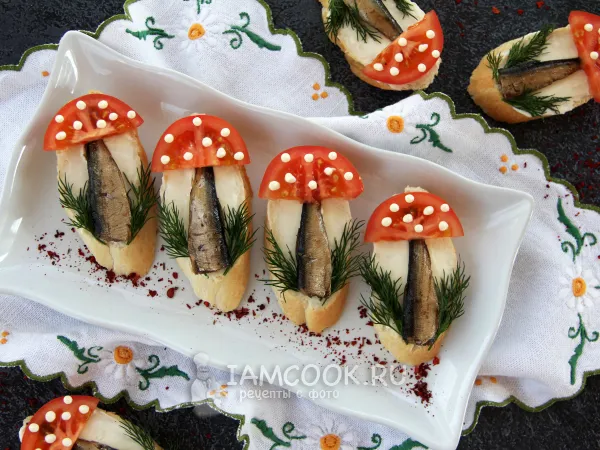 Фото блюда: Бутерброды со шпротами «Грибочки»