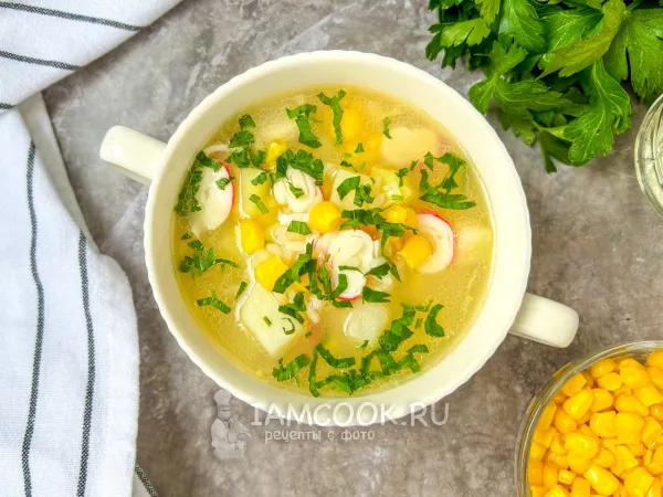 Фото блюда: Суп с крабовыми палочками и кукурузой