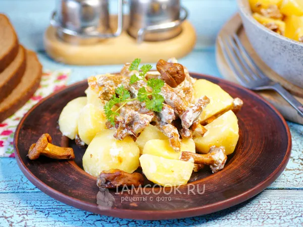 Фото блюда: Тушеные лисички с картошкой в сметане