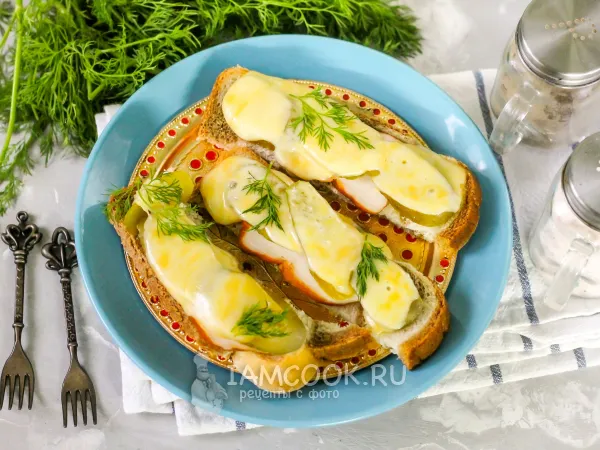 Фото блюда: Горячие бутерброды с копченой курицей и солеными огурцами