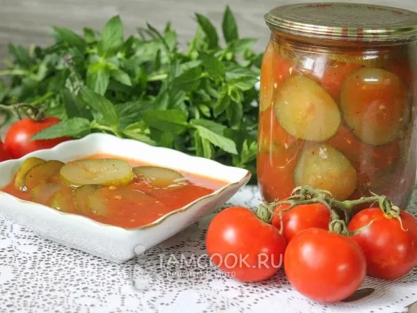Фото блюда: Огурцы в томатной заливке на зиму
