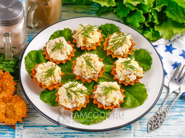 Фото блюда: Тарталетки с ананасом, сыром и курицей