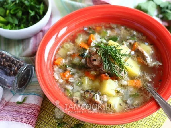 Фото блюда: Рыбный суп из консервов с перловкой