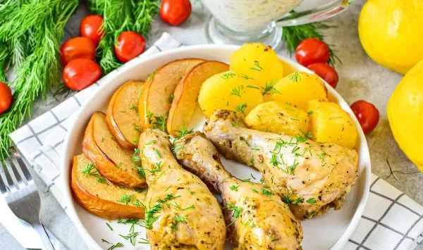 Фото блюда: Курица с айвой и картошкой в духовке