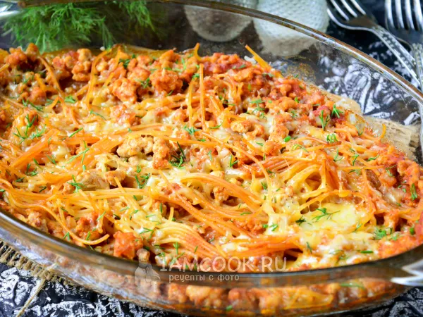 Фото блюда: Спагетти с фаршем в духовке