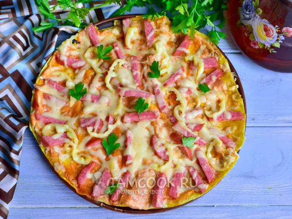 Фото блюда: Пицца из лаваша с колбасой в духовке