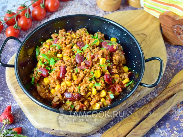 Фото блюда: Мясной фарш с фасолью и кукурузой по-мексикански