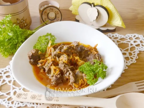 Фото блюда: Говяжья печень тушеная в соусе (в мультиварке)