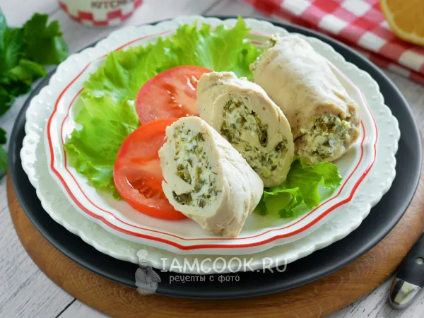 Фото блюда: Куриные рулетики с творожным сыром и зеленью