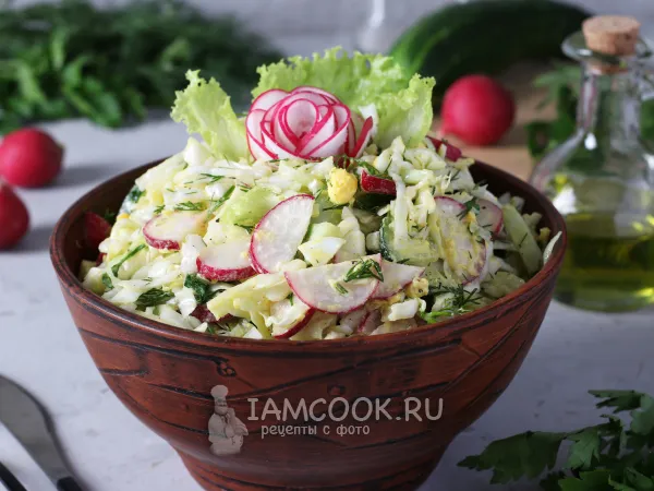 Фото блюда: Салат с капустой, редиской, огурцом и яйцом