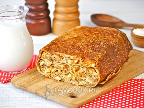 Фото блюда: Блинный пирог с курицей и сыром