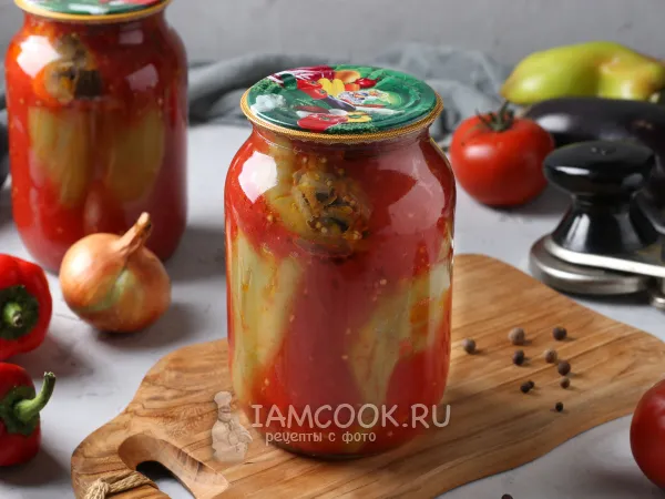 Фото блюда: Перец, фаршированный баклажанами, на зиму в томате