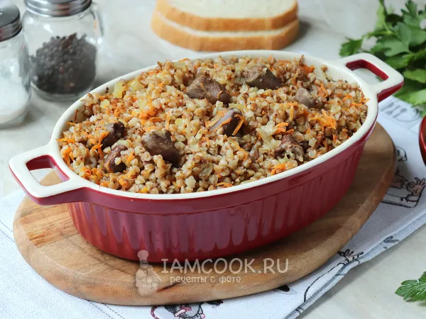 Фото блюда: Куриные сердечки с гречкой в духовке