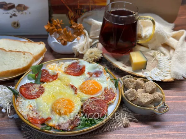Фото блюда: Яичница с колбасой и сыром