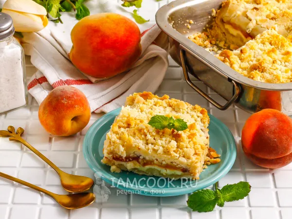 Фото блюда: Насыпной пирог с персиками и творогом