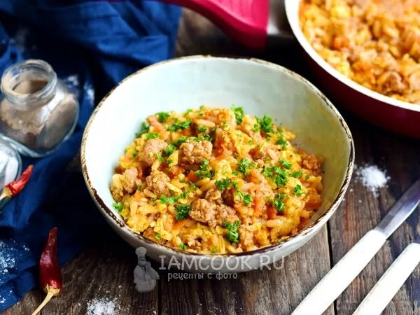 Фото блюда: Рис с яйцом и фаршем в томате