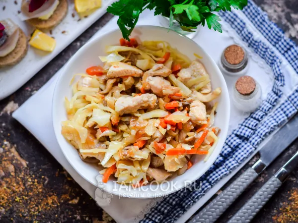 Фото блюда: Тушеная капуста с грибами и курицей