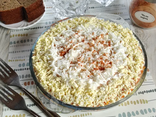 Фото блюда: Салат «Мимоза» с жареным луком