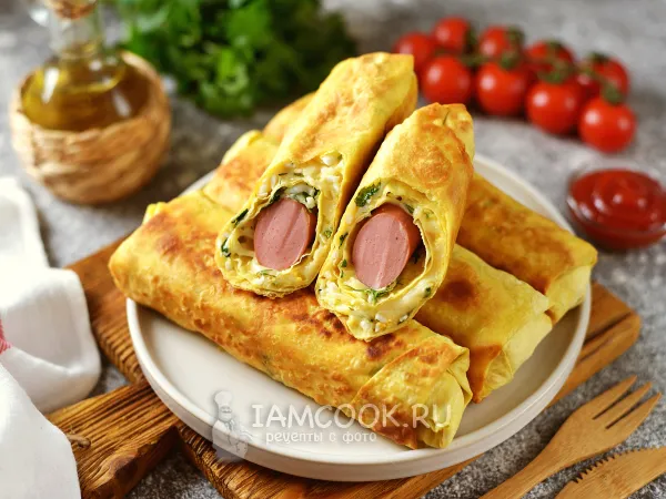 Фото блюда: Ленивые пирожки из лаваша с сосиской, яйцом и сыром